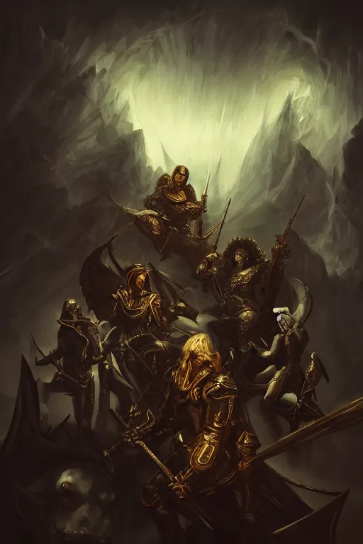 Prompt: a painting of the four horseman of the apocalypse, grim - lighting, high - contrast, intricate, elegant, highly detailed, digital painting, artstation, concept art, smooth, sharp focus, illustration