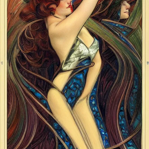 Prompt: a streamline moderne art nouveau painting in the style of donato giancola, and in the style of charles dana gibson, and in the style of charles dulac. symmetry, smooth, sharp focus, semi - realism, intricate ultra fine detail.