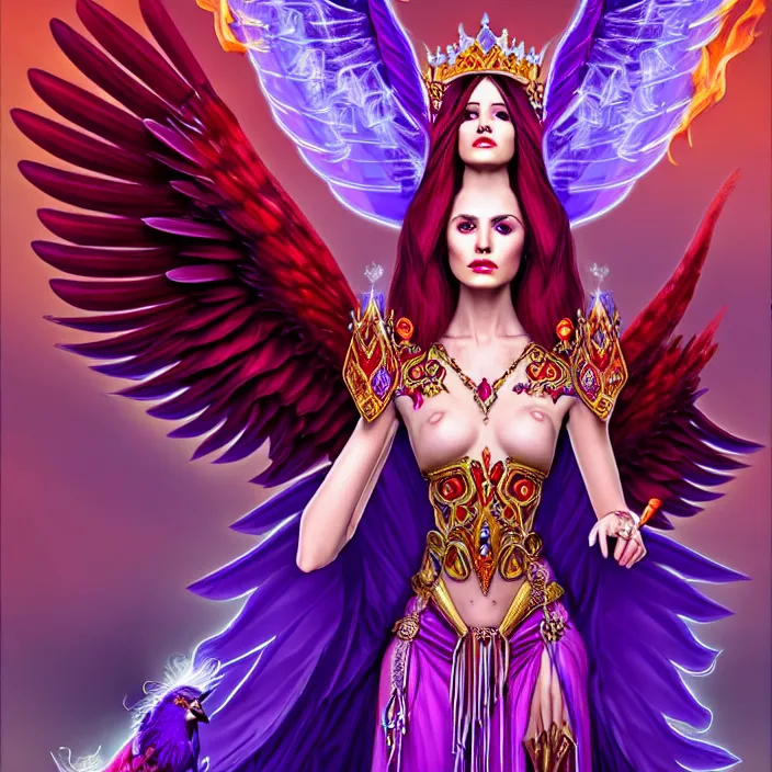 Image similar to Princess sorceress with red flaming bird wings on her back and sitting on an ornate throne dressed in a fancy long purple dress, beautiful realistic symmetrical defined face, Slight smile and open eyes, anatomically correct, Fantasy, Full Portrait, High detail, realistic, planeswalker