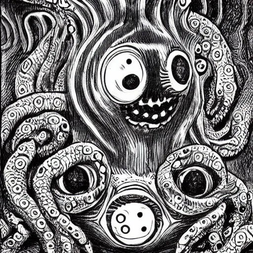 Image similar to a cute but frightening corgi with many eyes and tentacles, detailed horror manga drawing by junji ito, kentaro miura