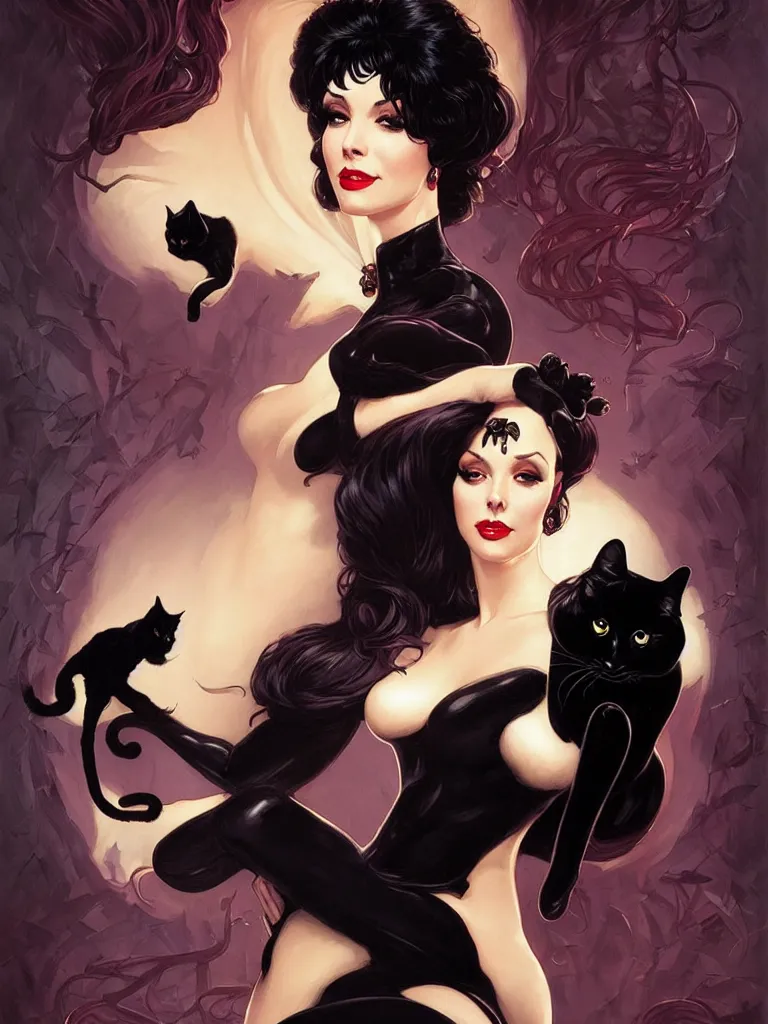 Image similar to an elegant Elvira Mistress of the Dark holding a black cat on her arms, portrait, intricate, elegant, highly detailed, digital painting, artstation, concept art, rough, sharp focus, illustration, art by artgerm and greg rutkowski and alphonse mucha and cris ortega and serge birault