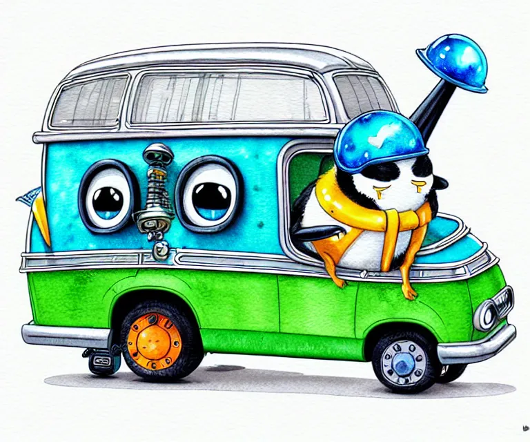 Prompt: cute and funny, penguin wearing a helmet riding in a tiny mystery machine van with an oversized engine, ratfink style by ed roth, centered award winning watercolor pen illustration, isometric illustration by chihiro iwasaki, edited by range murata, tiny details by artgerm and watercolor girl, symmetrically isometrically centered, sharply focused