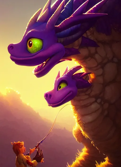 Image similar to Highly detailed portrait of Spyro the dragon, Stephen Bliss, unreal engine, fantasy art by Greg Rutkowski, Loish, Rhads, ferdinand knab, Makoto Shinkai and Lois van baarle, ilya kuvshinov, rossdraws, Tom Bagshaw, alphonse mucha, global illumination, radiant light, detailed and intricate environment