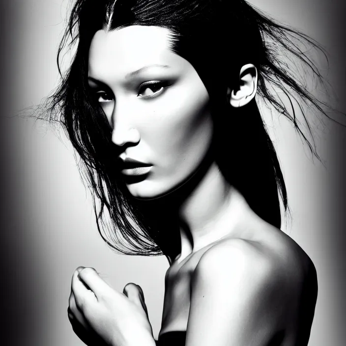 Prompt: photography face portrait of a beautiful woman like bella hadid, black and white photography portrait, skin grain detail, high fashion, studio lighting film noir style photography, by richard avedon, and paolo roversi, nick knight, hellmut newton, nobuyo araki, on a tropical wallpaper exotic patern background