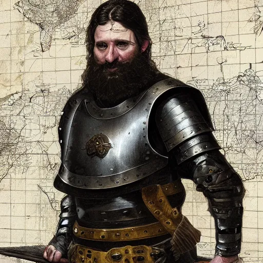 Prompt: Closeup of frustrated male medieval sergeant with a {short} beard wearing a {black!!!! and yellow tabard} over a steel breastplate and a black gambeson looking up from a map on a table, intricate, dramatic lighting illustration by Greg Rutkowski, ArtStation, digital art, fantasy