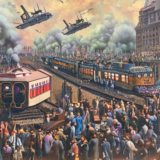 Image similar to sign that says 1 0 0, text 1 0 0, lisa frank, glorious, bedazzled, spectacled, amazing, unreal render, bokeh, studio lighting, ultradetailed, detailed and realistic painting of a giant warship plane, dieselpunk, historical photo of commuters in train to new york 1 8 9 0, everybody is looking at smartphones