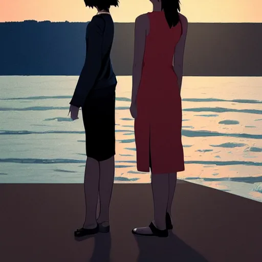 Image similar to 2 women standing side by side watching the sun go down by ilya kuvshinov