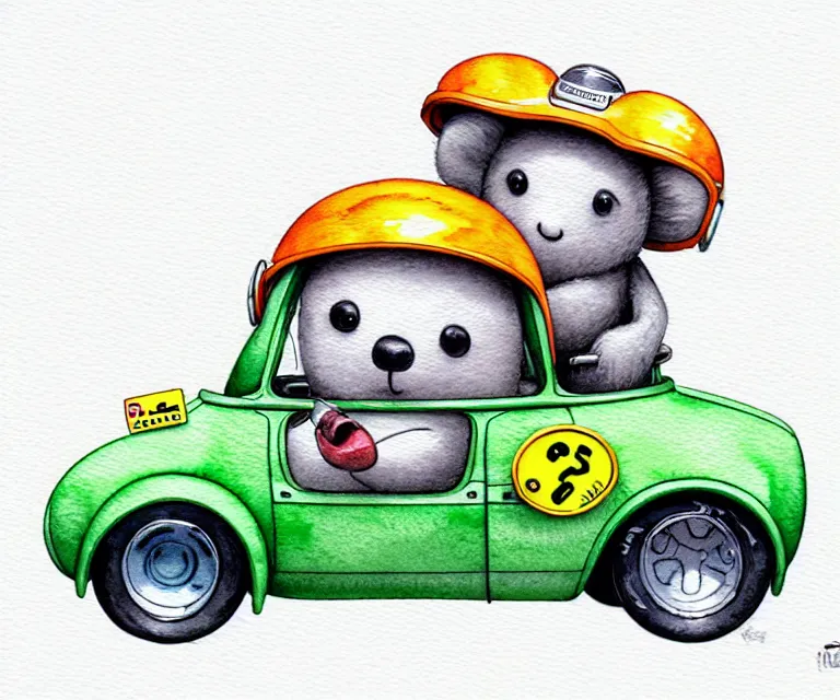 Image similar to cute and funny, koalabear wearing a helmet riding in a tiny hot rod with an oversized engine, ratfink style by ed roth, centered award winning watercolor pen illustration, isometric illustration by chihiro iwasaki, edited by range murata, tiny details by artgerm and watercolor girl, symmetrically isometrically centered, sharply focused