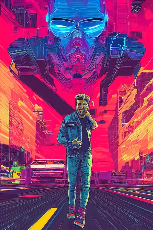 Prompt: a portrait of a Rayan Gosling with thunders in the sky in a future cybernetic city, outrun style and colours, trending on arstation, by dan mumford, by ross tran