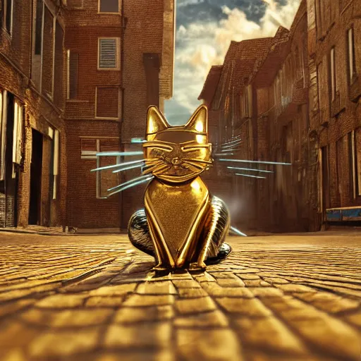 Image similar to gold and silver tones, cybernetic cat in a deserted town, style of moebius, james jean, rutkowski, cinematic, high detail, award winning, 8 k photorealistic