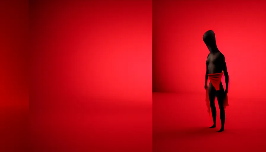 Image similar to enigmatic figure wrapped in red sheet in darkness, high contrast, hard light, digital art, rendering, cloth simulation, redshift