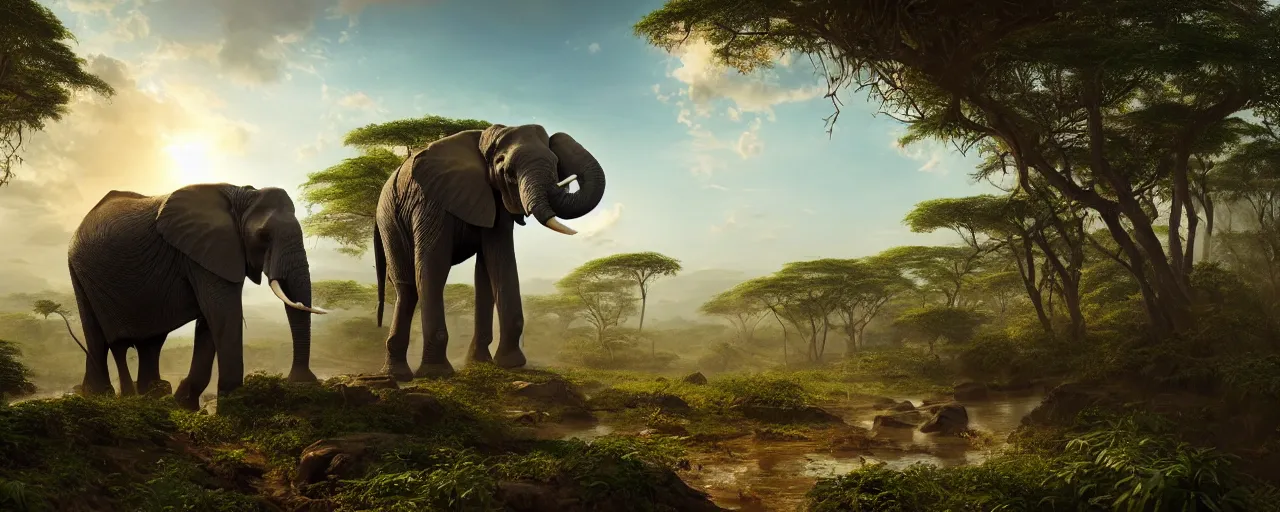 Prompt: an African elephant standing on it's hind legs in the jungle, beautiful dynamic lighting, cinematic, wide angle establishing shot, extremely high detail, photo realistic, cinematic lighting, post processed, concept art, artstation, matte painting, style by frederic church, raphael lacoste, unreal engine 8k