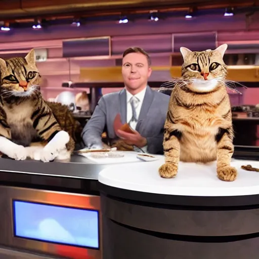 Image similar to anthropomorphic cats competing at masterchef TV show, studio shot