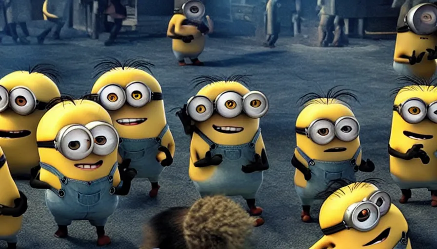 Image similar to fight!!! club!!!!, fight!!! club!!!! ((((the minions)))), movie still, directed by David fincher