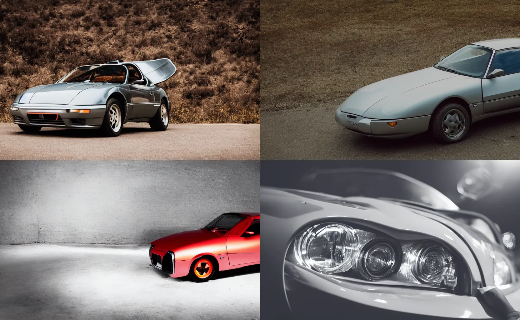 Prompt: Nineties American sports car with hidden headlamps, commercial photo shoot
