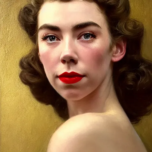 Image similar to vanessa kirby as dark - haired 1 9 5 0 s goddess, a beautiful closeup oil painting, she has tears running down her face, wet lips, perfect eyes, insanely detailed, elegant, by wlop, rutkowski, livia prima, mucha,