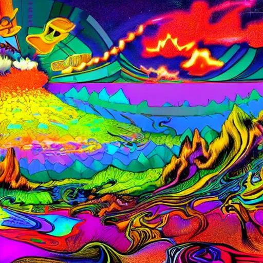 Prompt: crazy psychedelic landscape full of ghosts, utopia