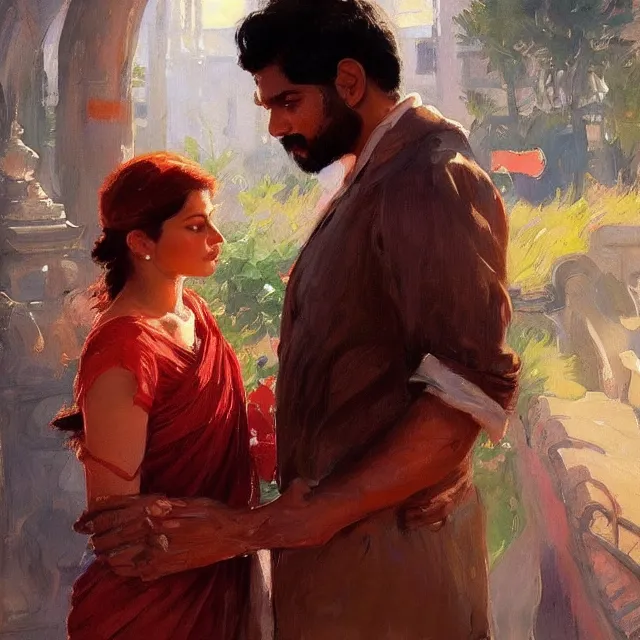 Image similar to book cover for a tamil man and red headed spanish girl portrait, elegant, intricate, digital painting, artstation, concept art, smooth, sharp focus, illustration, art by konstantin korovin and daniel f. gerhartz and john howe