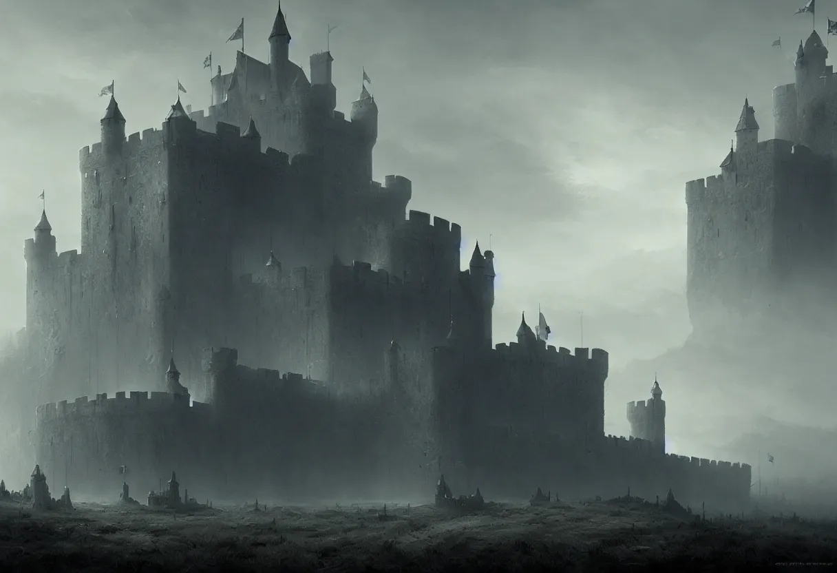 Image similar to castle with 3 0 years war, ultra high definition, ultra detailed, symmetry, fog, matte painting, by greg rutkowski and ross tran and wlop