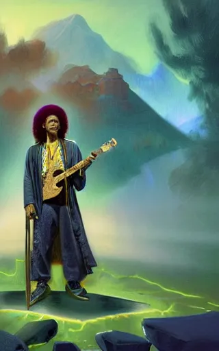 Image similar to character concept portrait of Jimmy Hendrix as wizard enchanting a music rune, a floating guitar in the center, embroidered gold-green robes, intricate, elegant, digital painting, concept art, smooth, sharp focus, illustration, from Metal Gear, by Ruan Jia and Mandy Jurgens and William-Adolphe Bouguereau, Artgerm