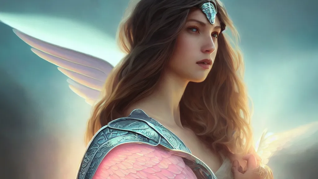 Image similar to one angel, big wings, low key light, full plate armor with cloth, f 1 6, bokeh, extreme close up portrait, gentle, female, mountain, storm, god rays, landscape, d & d, fantasy, elegant, teal pink white gold color palette, concept art, artgerm and greg rutkowski and alphonse mucha