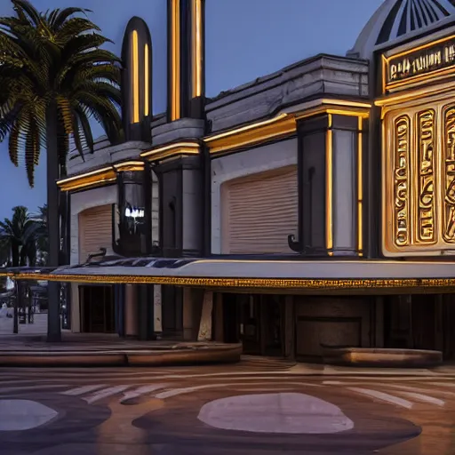 Prompt: beautiful exterior of art deco palace movie theater at night premiere, pillars, dust, dark, long shadows, atmospheric, gold and black marble lacquered, palm trees, luxury architecture, low angle, dynamic cinematic light, 3 5 mm, realistic, insanely detailed, hyper detail, hyper real, unreal engine render, 8 k