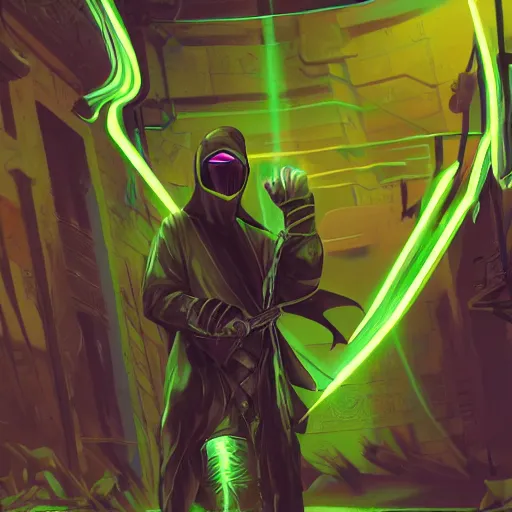 Prompt: concept artwork of a hooded ninja warrior in cyber and dark clothes, neon green lines, trending on artstation, 8 k 3 d full hd, by dan mumford, j. m. w. turner, franz xaver winterhalter