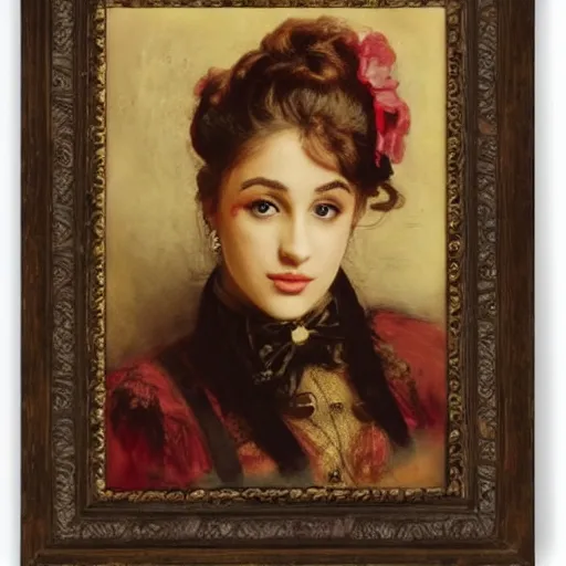 Image similar to Portrait of Ariana Grande in a steampunk blouse, vintage shading, by Ilya Repin