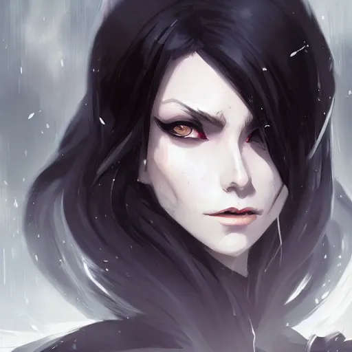 Image similar to female human vampire witch in the style of greg rutkowski, makoto shinkai, trending on artstation, character design, concept art, pretty face, highly detailed, long black hair, portrait, digital art