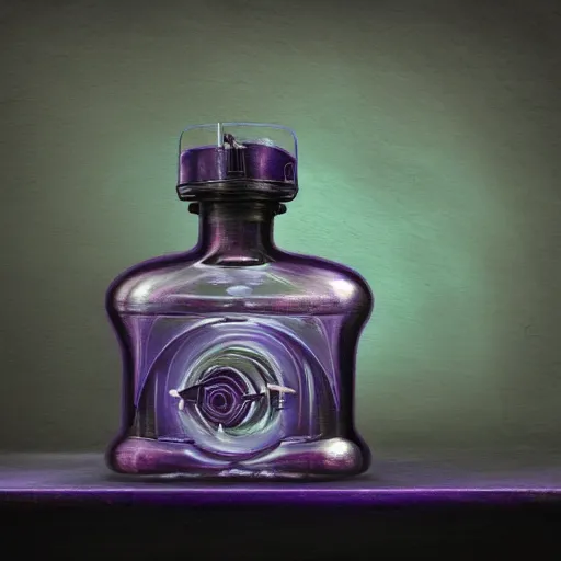 Prompt: a painting of a steampunk purple blue colored potion bottle on a counter in a dark dusty vintage science lab, by h. r. giger, hyperrealistic fantasy art, concept matte, ethereal, dreamy, digital art, trending on artstation, volumetric cinematic lighting