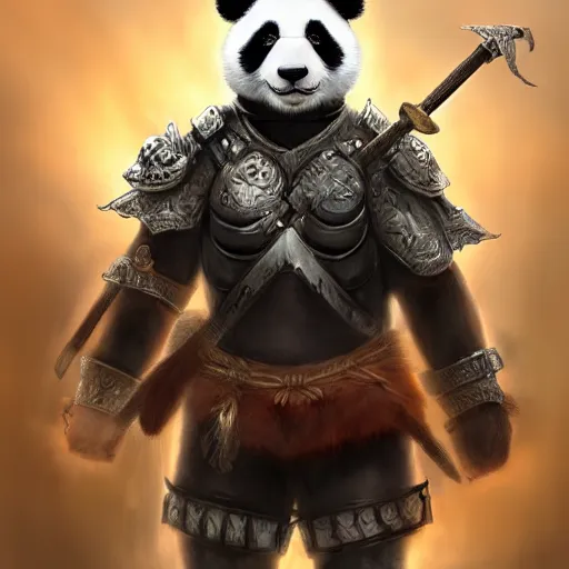 Image similar to very cute and happy warrior panda in armor, eerie, intricate, highly detailed, sorrow, dramatic, emotional, proud, matte painting, award - winning art, cute, happy, trending on artstation, digital art, 8 k