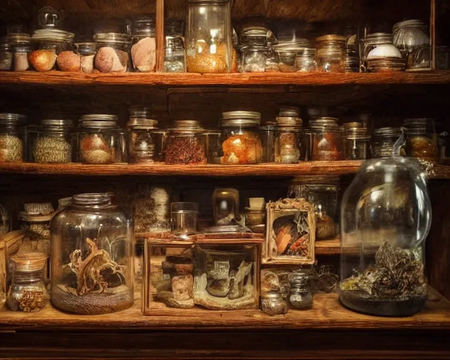 Image similar to a large wood display cabinet filled with lots of different items in magical glowing jars in different colors, a still life by seb mckinnon, artstation, neoplasticism, lovecraftian, artstation hq, award winning photography 4 k 8 k 1 6 k