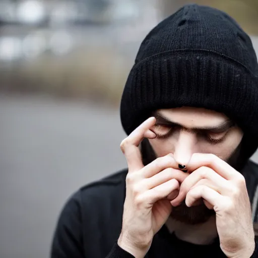 Prompt: a portrait of a sad bored partially unshaved young man smoking a cigarette with a black beanie on
