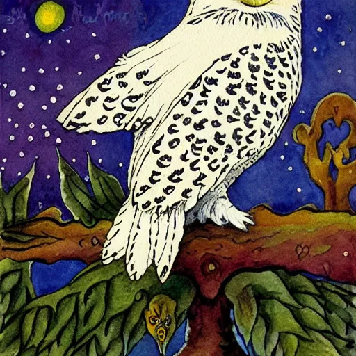 Prompt: snowy owl with cat tail and paws, gryphon, Louis William Wain watercolor, fantasy