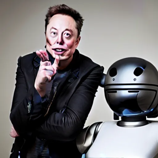 Prompt: photograph of elon musk holding a robot