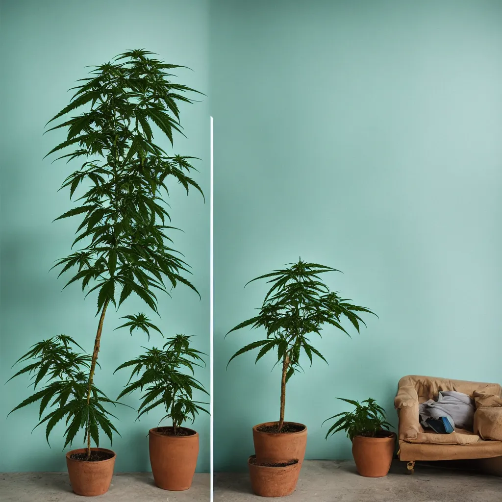 Image similar to large single cannabis plant in a pot grows to the ceiling, kodak portra 4 0 0, 8 k, shot of a highly detailed, britt marling style, colour still - life portrait of a large minimalistic room, rough concrete walls, a single rough carved wooden teal, with comfortable beanbags, muted colours