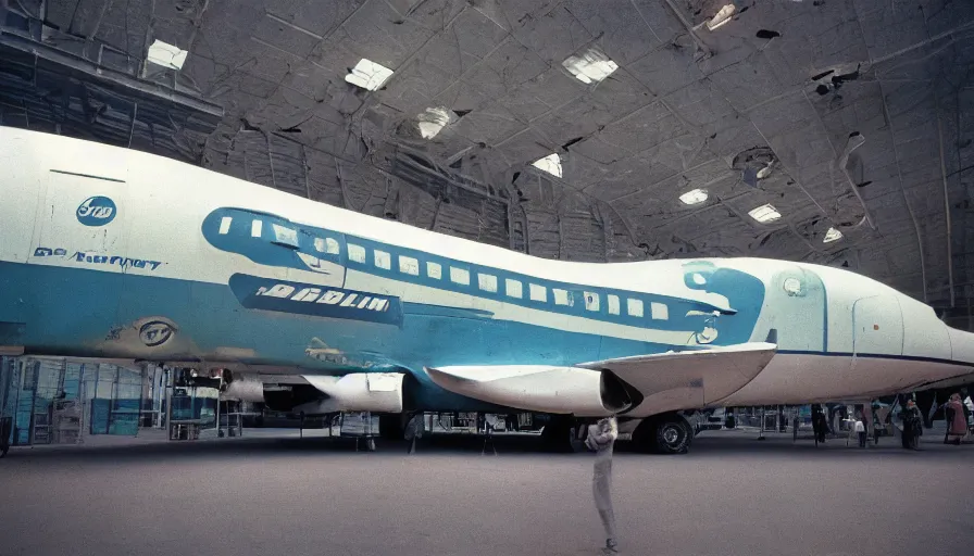 Image similar to 60s movie still of an empty boeing, cinestill 800t 50mm eastmancolor, liminal Space style, heavy grain