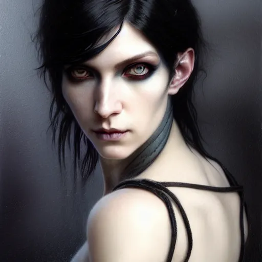 Prompt: portrait painting of an androgynous gorgeous witch with shoulder length black hair pale skin and beautiful eyes wearing badass punk clothes, ultra realistic, concept art, intricate details, eerie, highly detailed, photorealistic, octane render, 8 k, unreal engine. art by artgerm and greg rutkowski and magali villeneuve and alphonse mucha