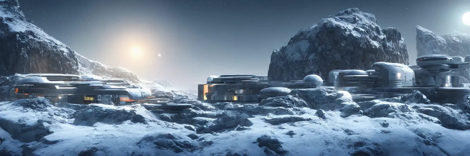 Prompt: “Concept art of a small modern research outpost consisting of a single building on the side of a snowy mountain at sunset on an alien world, 2077 , 8k, star citizen, art station”