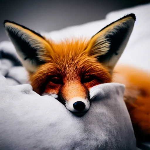 Image similar to a cute photograph of a fox lying in bed sleeping, eyes closed, soft focus, studio lighting, 50mm