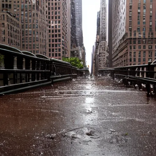 Prompt: new york city abandoned, rain with chocolate liquid, flooding with chocolate melting liquid