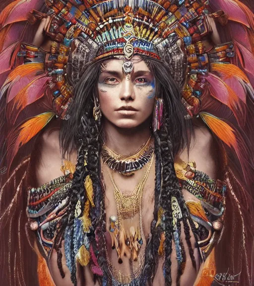 Prompt: beautiful Aztec princess, colorful feathers in her hair, ancient symbolic tattoos, gorgeous, in the style of greg rutkowski, symetrical, oryantalist, photo realistic, 8k, epic, ultra detailed, by Gustave Doré, by Marco Turini, by Artgerm, Deviantart in the style of Tom Bagshaw, Cedric Peyravernay, Peter Mohrbacher by William-Adolphe Bouguereau, by frank frazetta, symetrical features, joyful