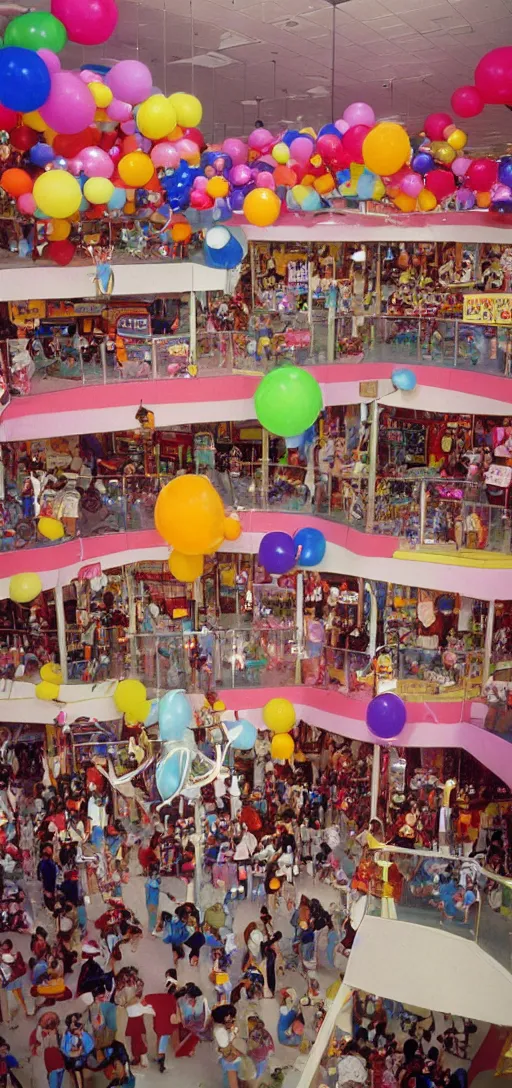 Image similar to the interior of a colorful clown - themed 1 9 8 0 s mall with mall - goers