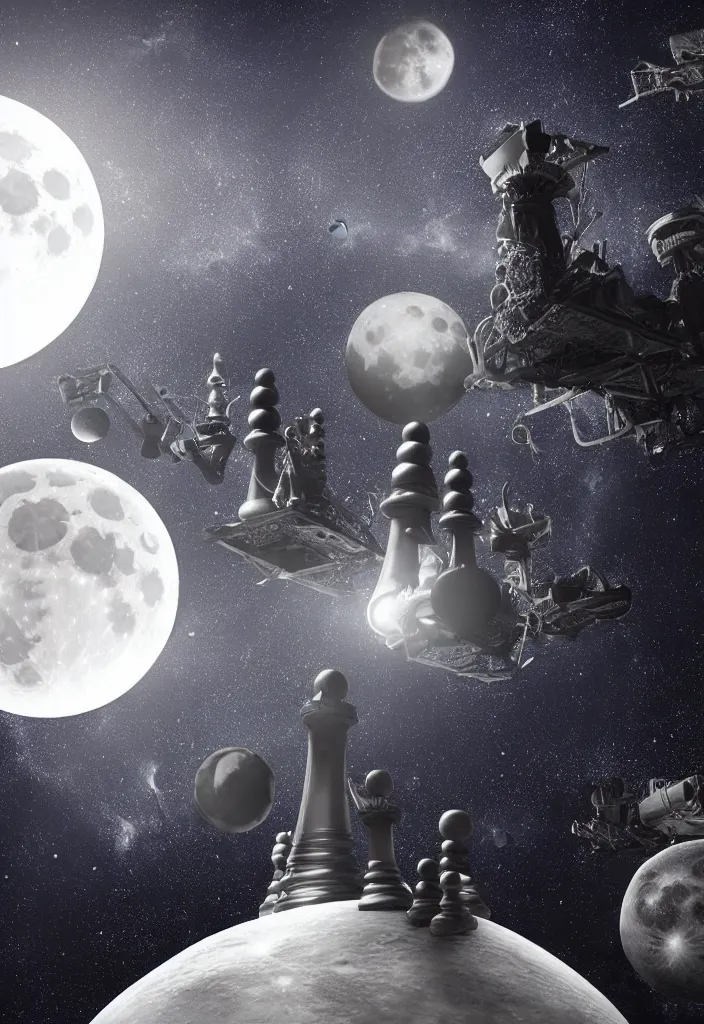 Image similar to a giant chessboard with giant chess pieces in space overlooking the moon fantasy, trending on artstation, digital art.
