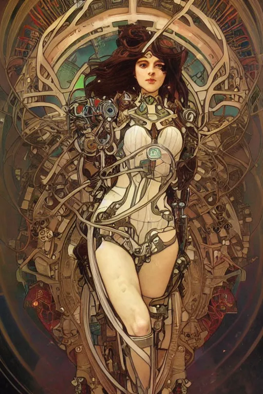 Image similar to realistic detailed portrait of a mecha cyberpunk! goddess by Alphonse Mucha, Charlie Bowater, Art Nouveau cyberpunk! style, mechanical accents!, mecha plate armor, glowing LEDs, flowing wires with leaves, rich deep moody colors