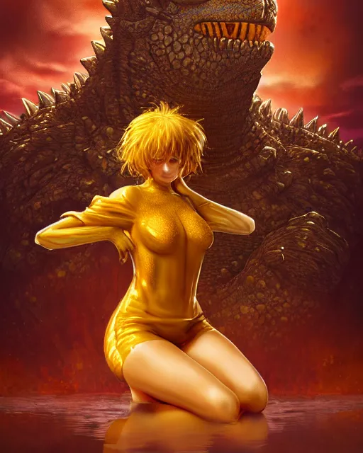 Image similar to beautiful godzilla as honey, made of honey, wearing honey - themed miniskirt, award winning creature portrait photography, extremely detailed, artstation, 8 k, sensual lighting, incredible art, wlop, artgerm, backlit, rim lighting, hi - fructose