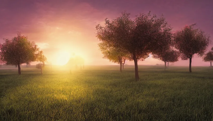 Prompt: cow pasture with fruit trees in sunset, back light, highly detailed, cinematic lighting, volumetric, photorealistic, digital art painting