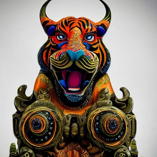 Image similar to breathtakingly cool beautiful complex stylised balinese carving ornate coloured sculpture tiger, extreme closeup, incredibly detailed, 8 k artstation