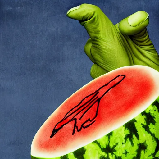 Prompt: the album cover for Metallica's St. Anger, but instead of a fist it's a watermelon