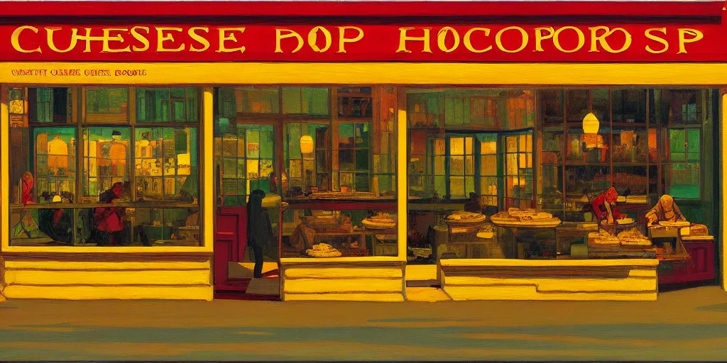 Prompt: a cheese shop window, by dan mumford and peter doig and edward hopper, highly detailed, dramatic lighting, 8 k